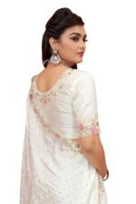 Cream Heavy Sequence Coding Embroidered Border Work Satin Silk Saree Sari For Women and Girls with Attach Blouse Piece - Image 3