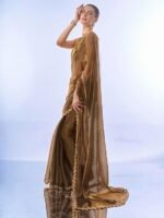 Women's Organza Lightweight Lace Work Saree With Art Silk Sequence Work Golden Unstitched Blouse Piece - Image 2