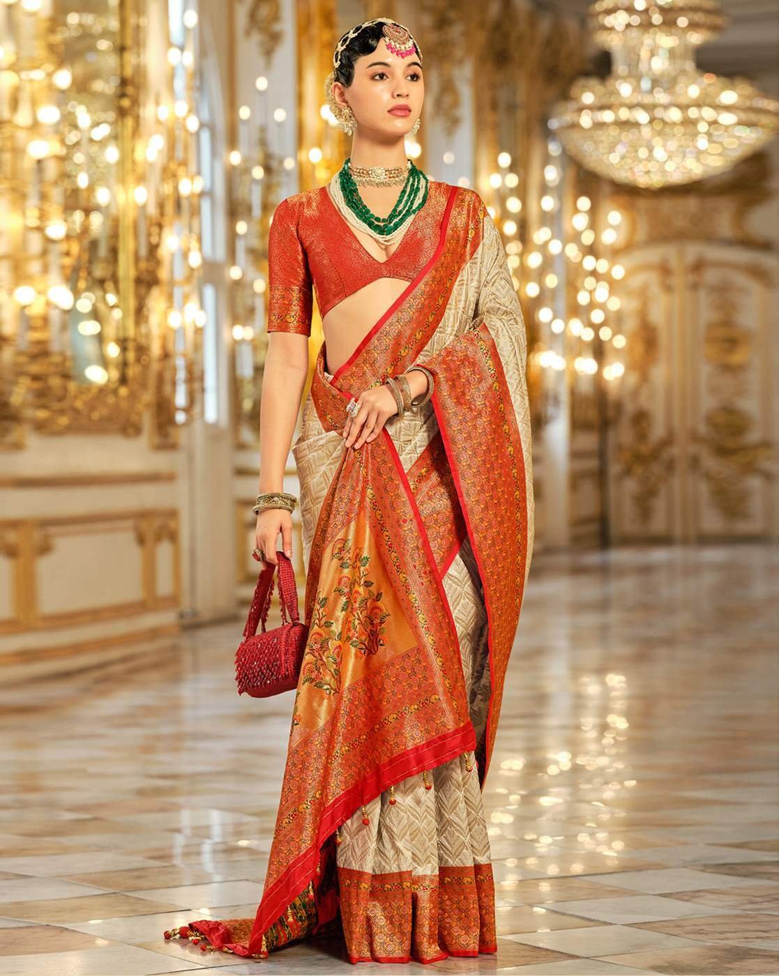 -1117Wx1400H-701172071-cream-MODEL Women Woven Saree with Contrast Border - Image 1